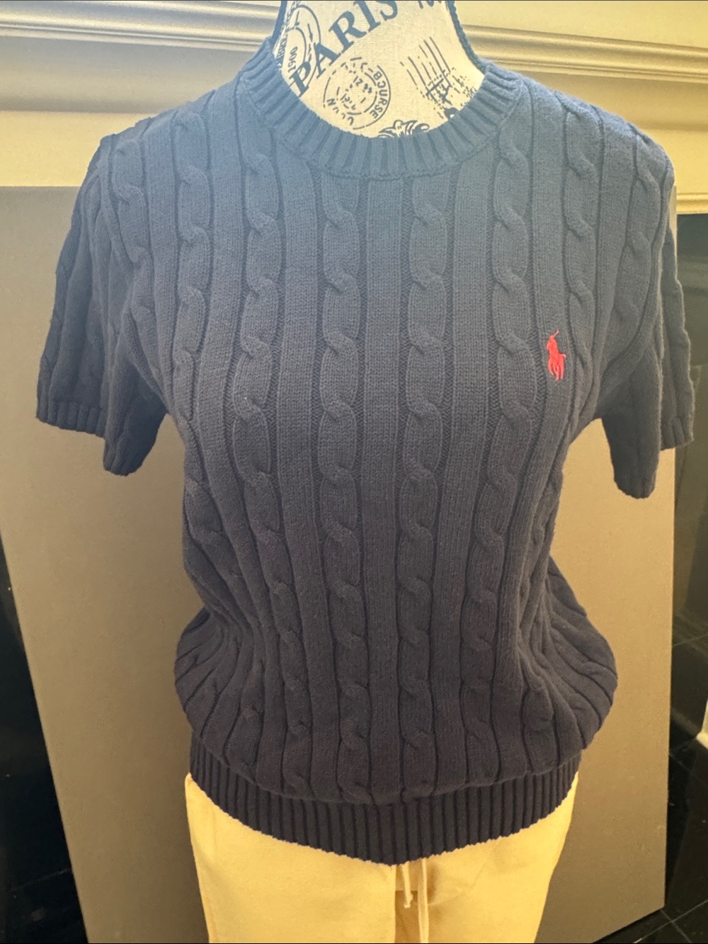 Polo by Ralph Lauren dark
Blue Cable-Knit Crewneck Sweater with Red Pony